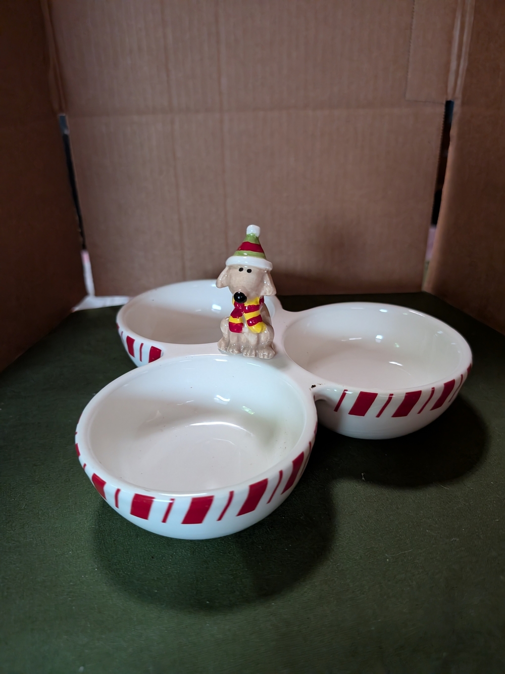 Ceramic Triple Treat Server with Festive Dog Accent - White and Red